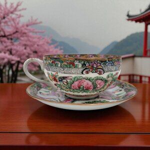 Chinese Famille Rose Cup & Saucer Hand painted Gold Trim AFJ14 Japan 1950 -1970